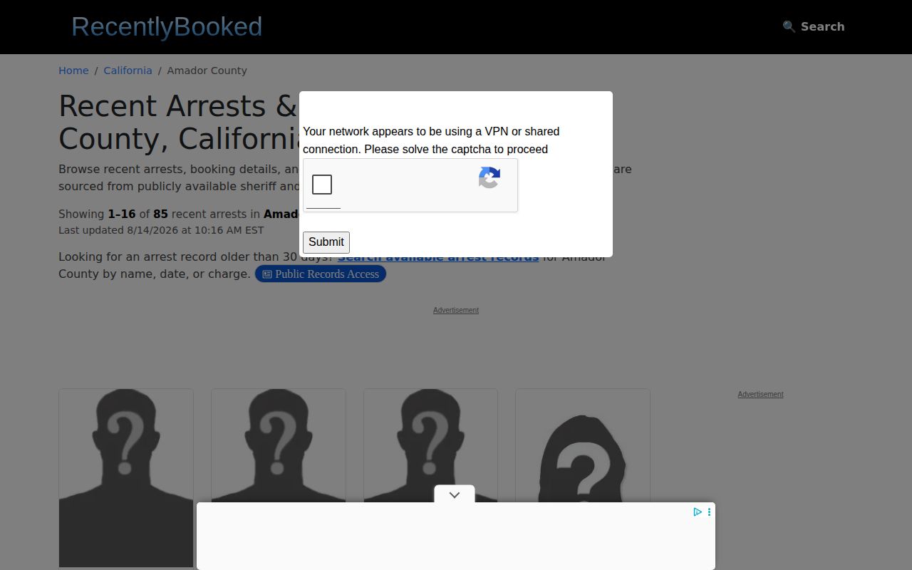 Amador County unofficial recent booking index on RecentlyBooked
