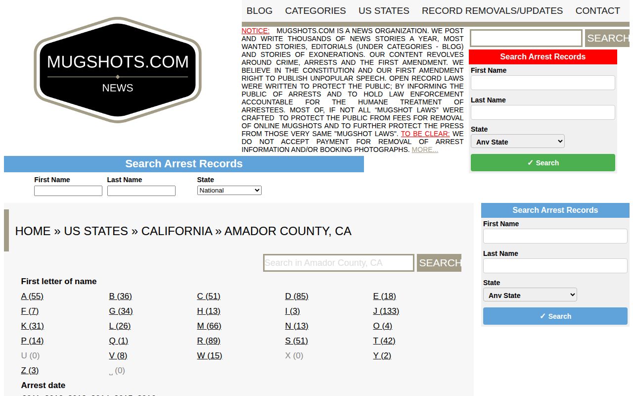 Amador County historical unofficial mugshot index on Mugshots.com