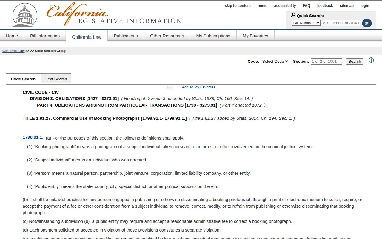 California Civil Code law governing Amador County booking photograph payments