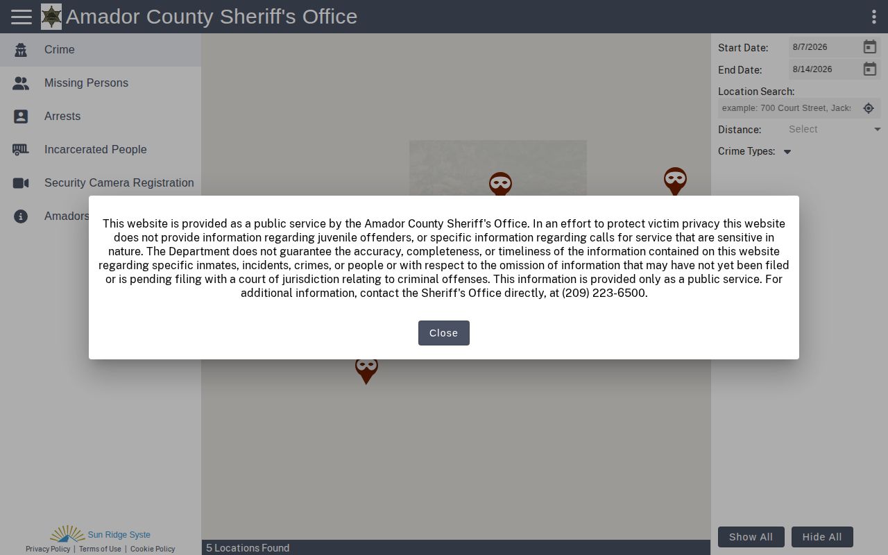 Official Amador County jail roster and CrimeGraphics search interface