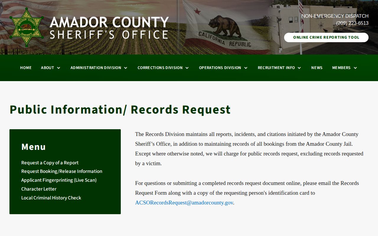 Amador County Sheriff booking record request and Daily Media Bulletin page