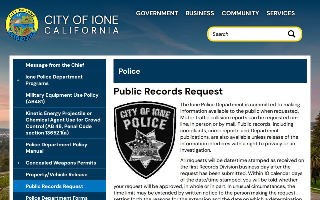 Ione Police arrest records request for Amador County booking information