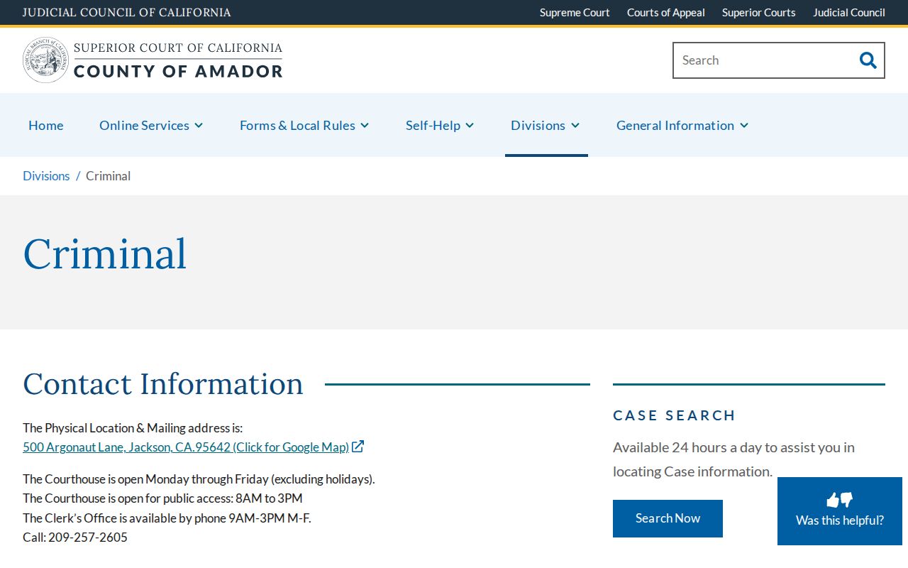 Amador County warrant resolution information from the criminal court