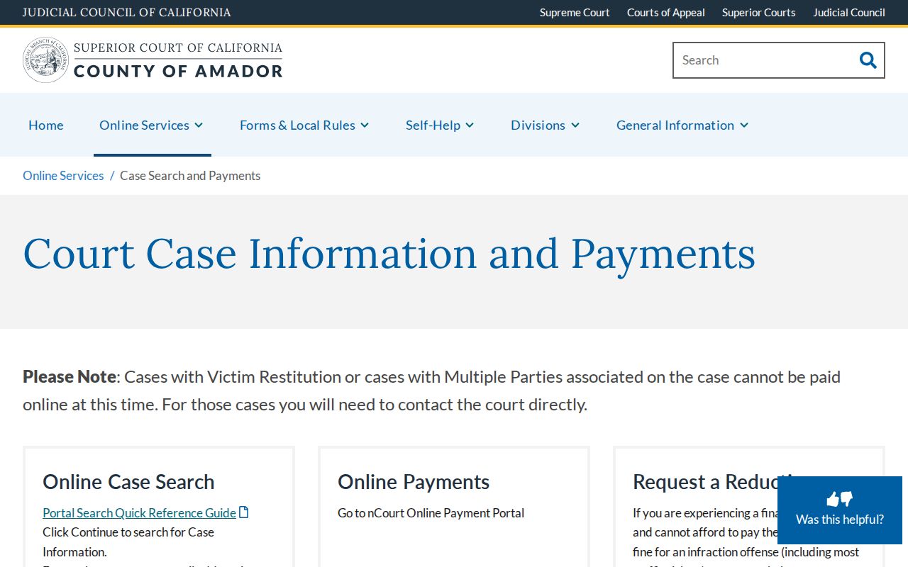Amador County online court case search for warrant and case records